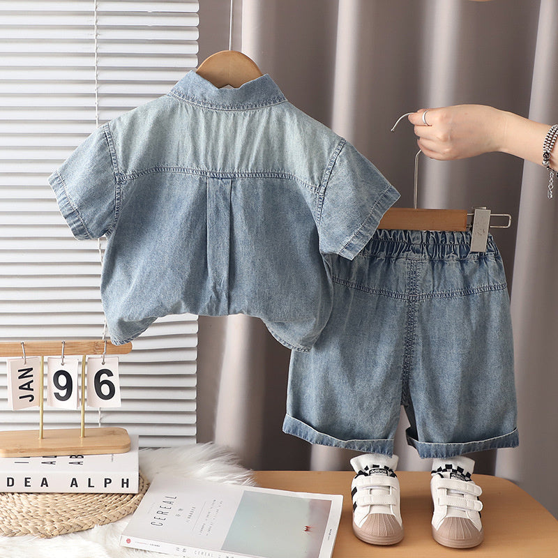 Boys' outfit baby summer 2026 denim short-sleeve three-piece set, new stylish letter-printed children's clothing