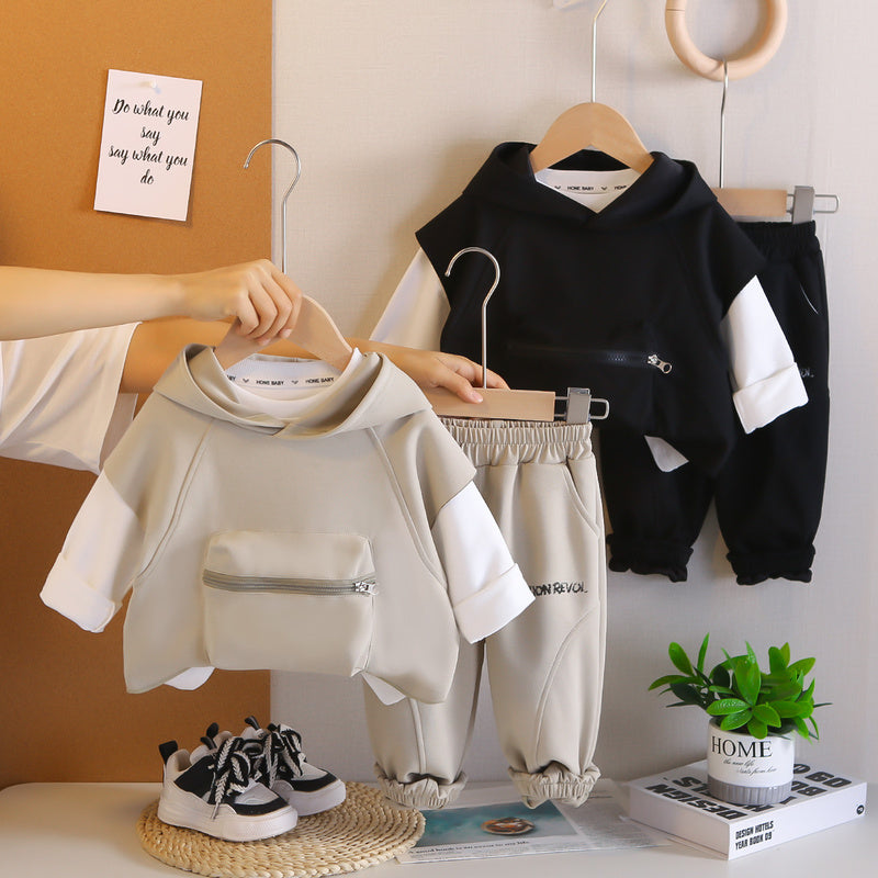 Boys' Spring and Autumn Outfit 2025 New Fashionable Solid Color Stylish Patchwork Large Pocket Hooded Vest Three-Piece Set