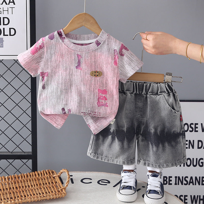Boys' Summer Casual Outfit Baby Letter Print Short Sleeve Shorts Two-Piece Set 2026 New Fashionable Children's Clothing Trend