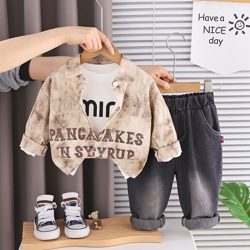 Boys' Spring Outfit 2026 New Style 1-2-3-5 Year Olds, Stylish Tie-Dye Letter Print Three-Piece Set for Kids