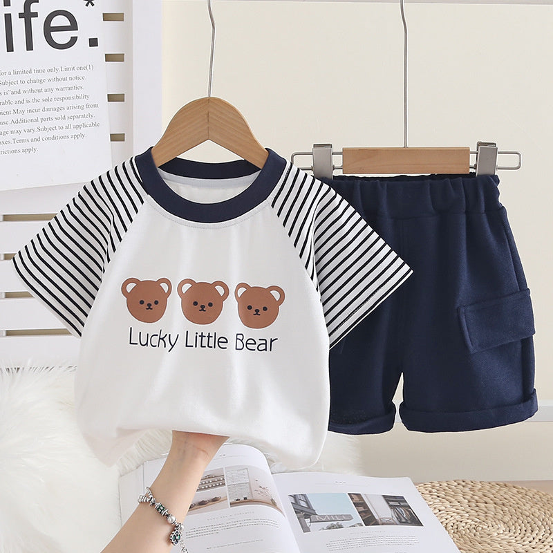 Baby outfit boys, infant clothing, toddler three bear print short-sleeve shorts, thin summer wear for boys
