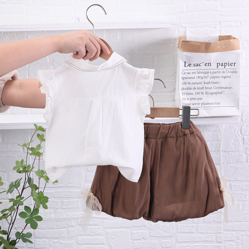 Korean-style casual children's clothing for toddlers young children, featuring fly-sleeve shirt and shorts, a fashionable new summer short-sleeve set