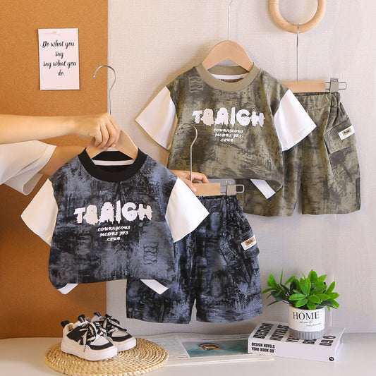 Boys' short-sleeve suit with patchwork sleeves, 2026 new baby summer clothing, infant and toddler two-piece set
