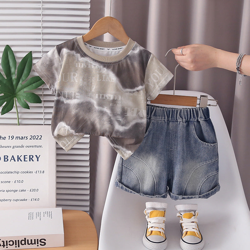 Boys' outfit, Korean style clothing for ages 1-5, casual and stylish summer wear, color-blocked short-sleeve two-piece set, T-shirt