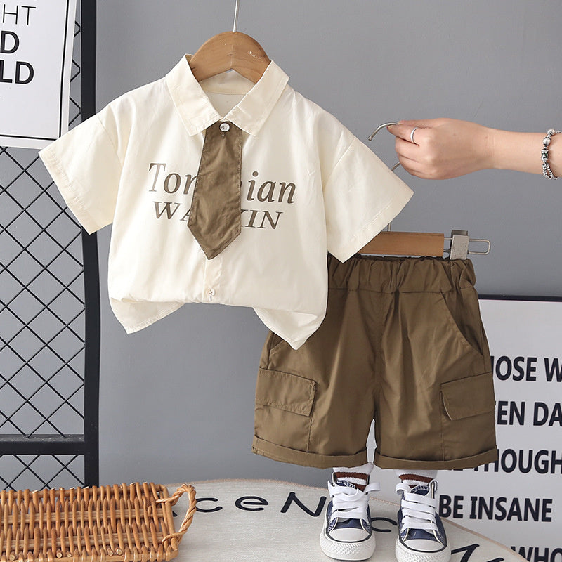 Boys' Outfit Set, Stylish 2026 New Model Children, Baby Summer Suit with Turn-down Collar and Tie, Short Sleeve, for 1-4 Year Olds
