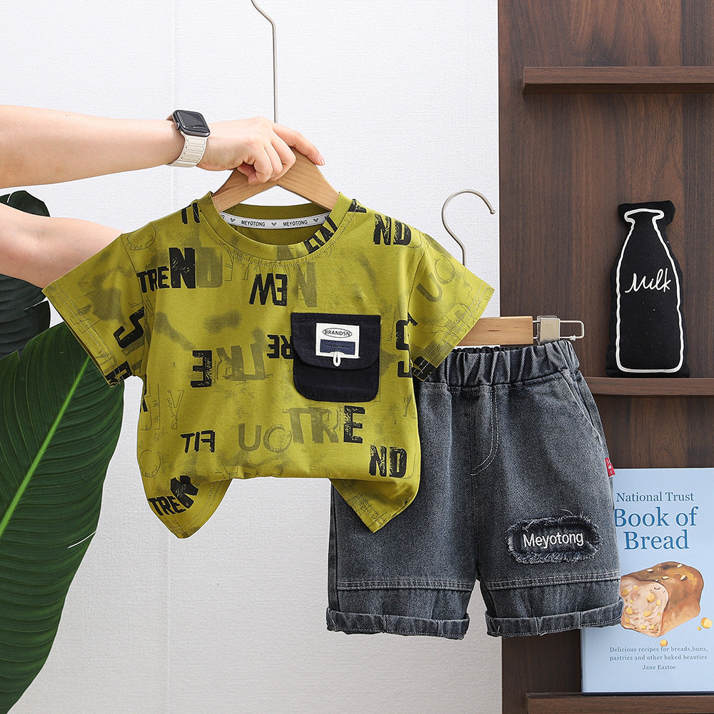 Boys' Outfit 2026 New Short-Sleeve Stylish Toddler Summer Clothes Letter Pocket Round Neck Two-Piece Set Baby Trendy