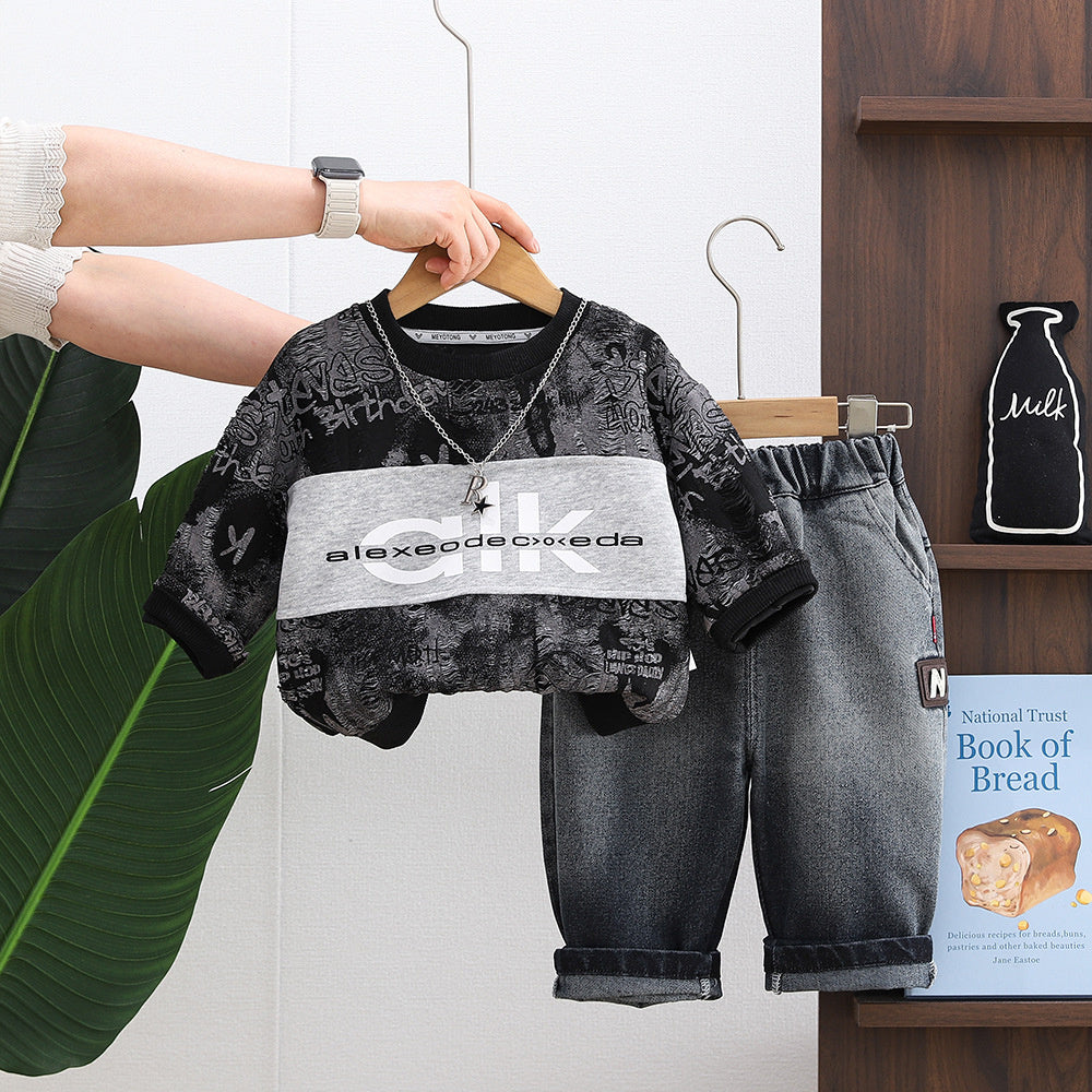 Baby Boy Outfit Boys' 1-3 Years Old Toddler Clothes Stylish Spring and Autumn Letter Necklace Sweatshirt Two-Piece Set