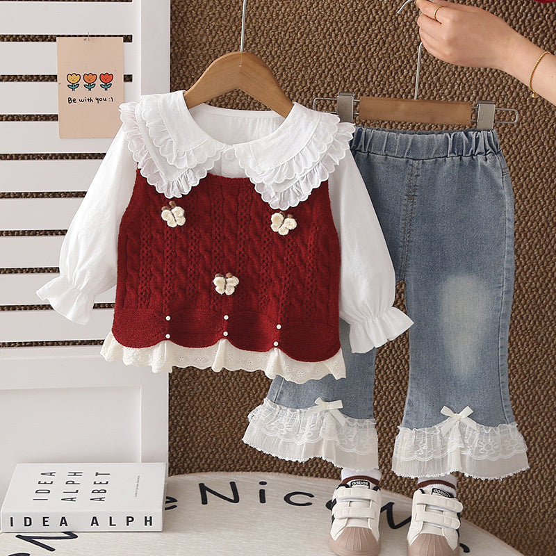 Baby Girl Spring and Autumn Outfit 2026 New Model 3-Piece Butterfly Sweater Set for 1-Year-Old Girls