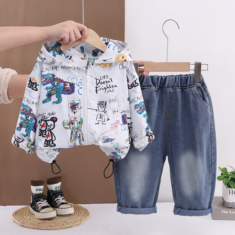 Children's clothing outfit new style baby boys' spring and autumn stylish graffiti bear jacket two-piece set