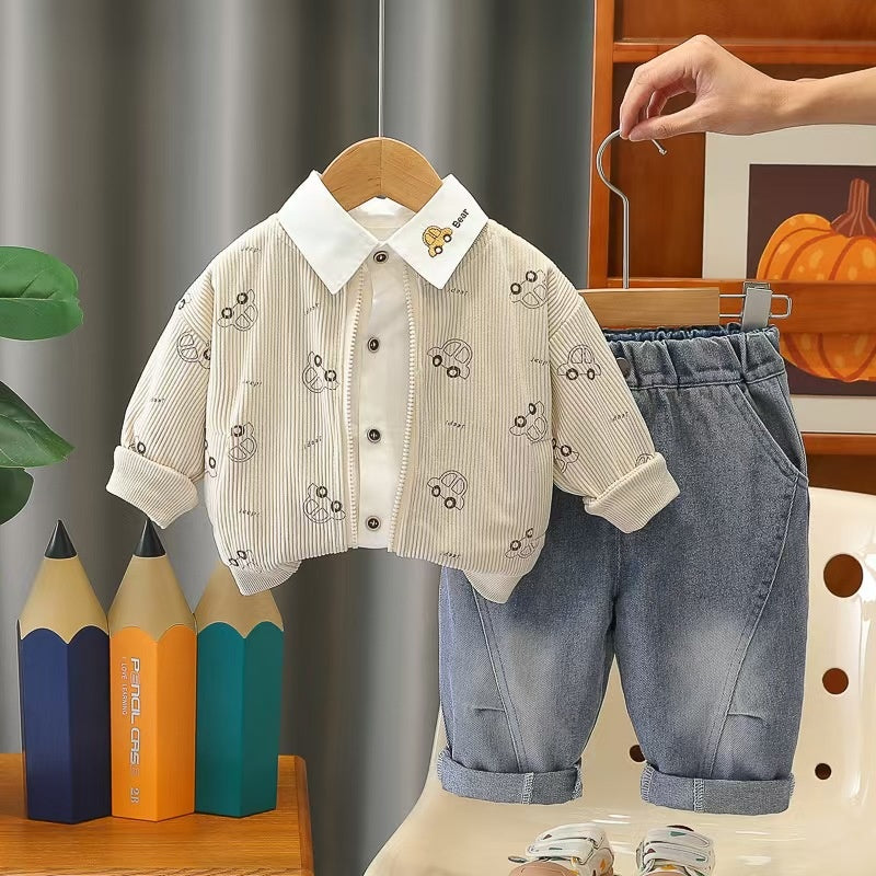 Boys' Outfit 2026 New Trendy Baby Spring and Autumn Stylish Car Jacket Three-Piece Set Infant Children's Clothing