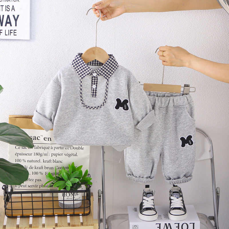 Boys' Outfit 2026 New Fashionable Children's Spring and Autumn Plaid Collar Sweatshirt Two-Piece Set Stylish Baby Trendy
