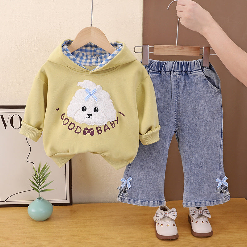 Girls' Outfit 2026 New Fashionable Cartoon Puppy Hooded Sweatshirt Set Baby Autumn Stylish Children's Clothing