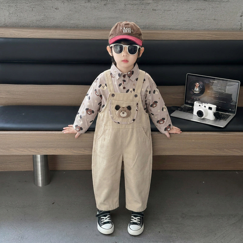 Boys' Outfit 2026 New Children's Spring Autumn Full-Print Puppy Shirt and Overalls Two-Piece Set for Trendy Babies