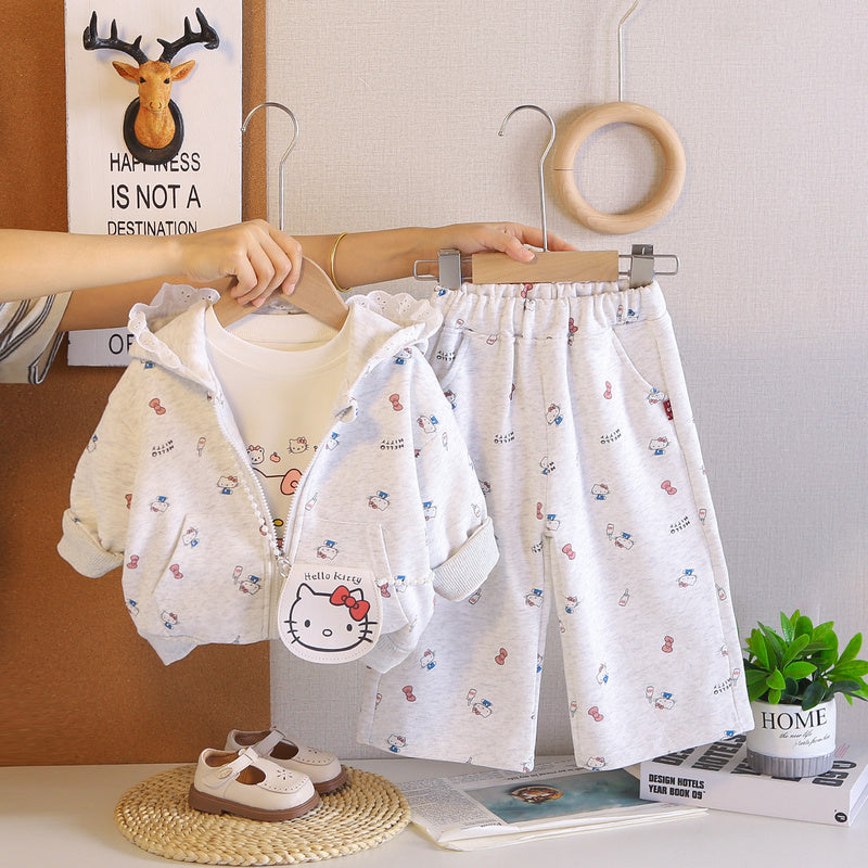 Girls' Spring and Outfit 2026 New Fashionable Girl Three-Piece Set with Kitten Crossbody Bag Trendy Autumn Clothing for Baby Girls