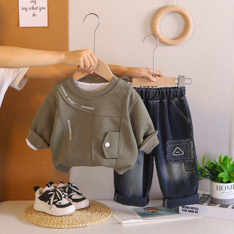 Sweatshirt Spring New Style Boys' Korean Version 2025 Kids' Patchwork Sports Set Casual Children's Clothing