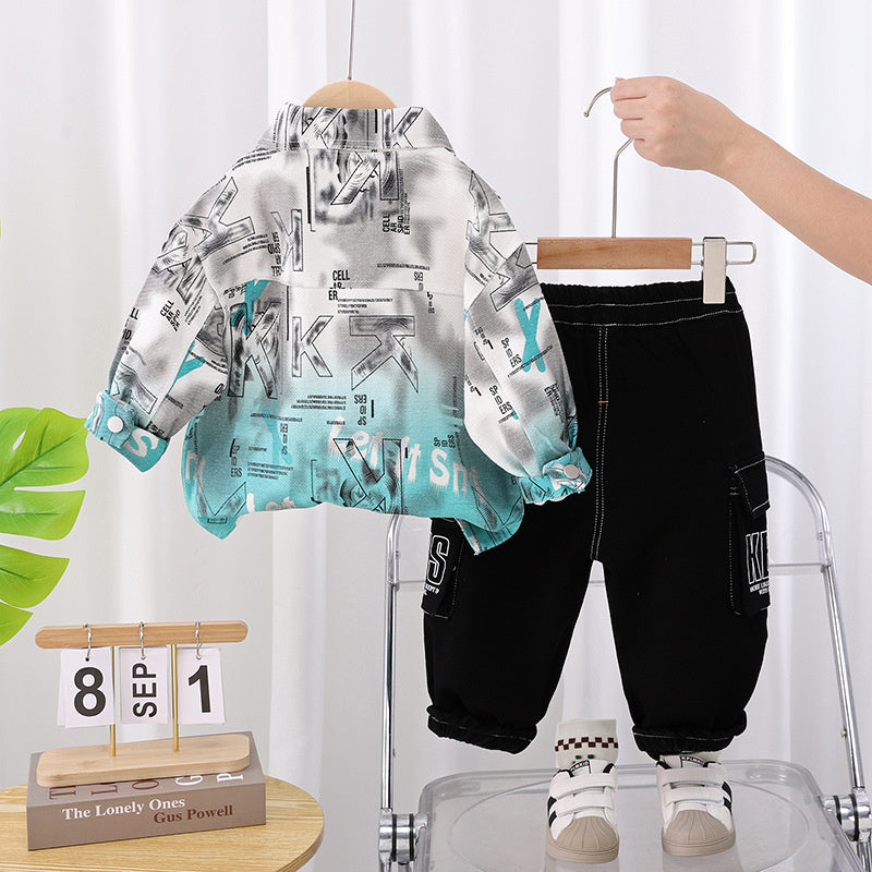 Denim 2025 Autumn Stylish Boys' Long Sleeve Full Printed English Gradient Three-Piece Set Trendy