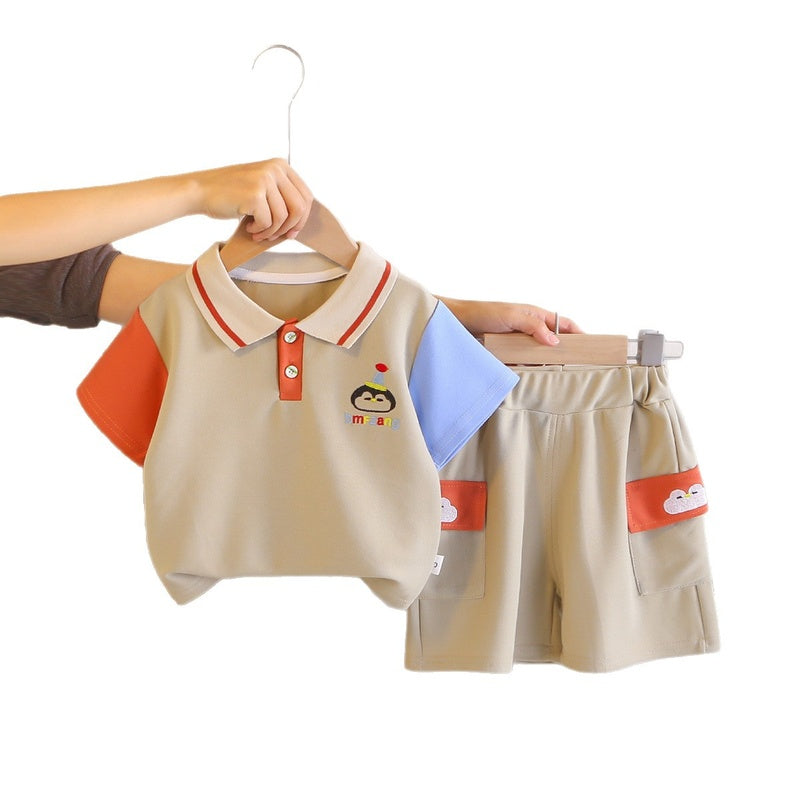 Boys' Outfit 2026 New Summer Short-Sleeve Casual Baby Boy Color-Block Penguin Two-Piece Set Children's Clothing