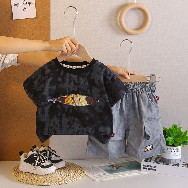 Zipper Cat Short Sleeve 2026 New Children's Outfit Baby Two-Piece Set Boys' Summer Fashion