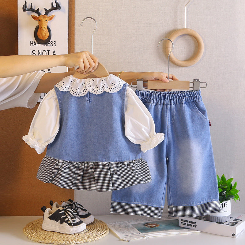 Girls' Outfit 2026 New Spring and Autumn Fashionable Children's Baby Girl Doll Collar Denim Vest Long Sleeve Three-Piece Set