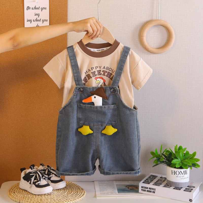 Boys' Summer Outfit 2026 New Fashionable Baby Duck Denim Overalls Short Sleeve Two-Piece Set for Toddlers
