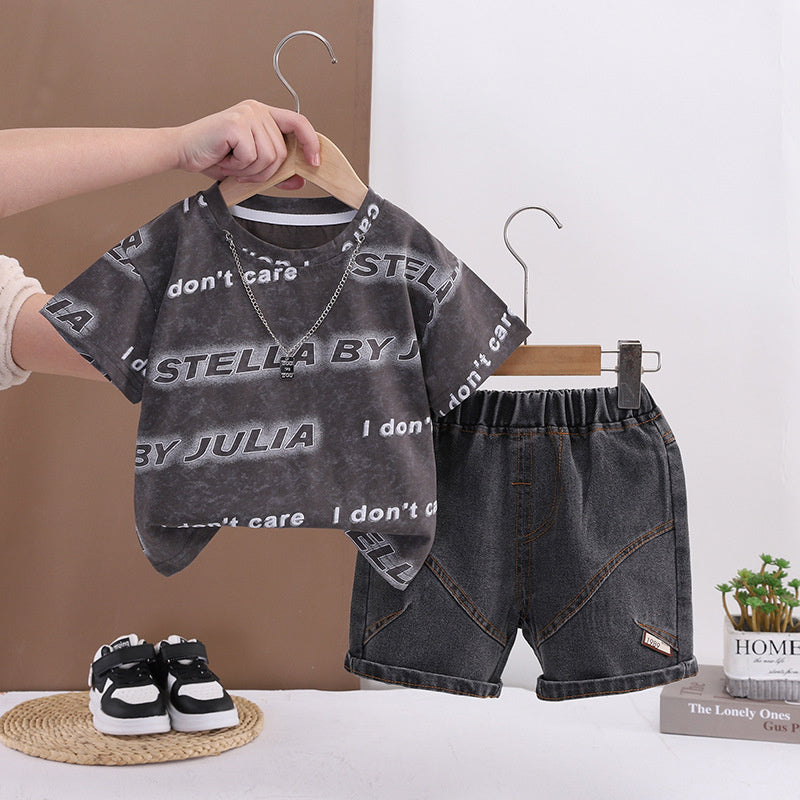 Baby children's clothing summer set, 2026 new stylish clothes for infants and toddlers, boys' two-piece short-sleeve set with letter necklace
