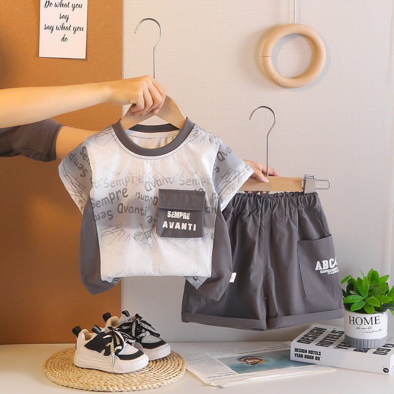 Boys' Summer Outfit 2026 New Style Infant Children's Clothing Thin for 1-3 Years Old, Baby English Pocket Short Sleeve Two-Piece Set