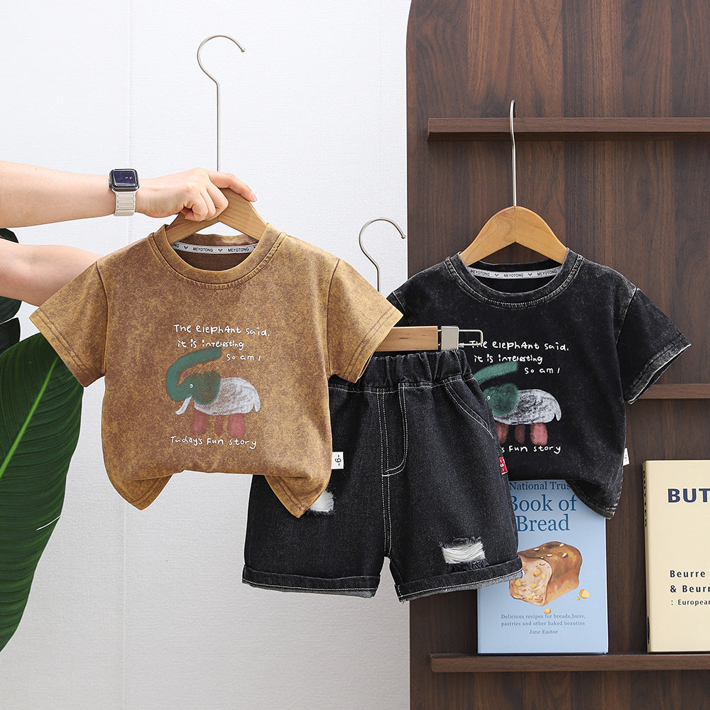 Boys' Outfit 2026 New Baby Elephant Round Neck Short Sleeve Two-Piece Set Children's Summer Clothes Trendy Kids' Clothing