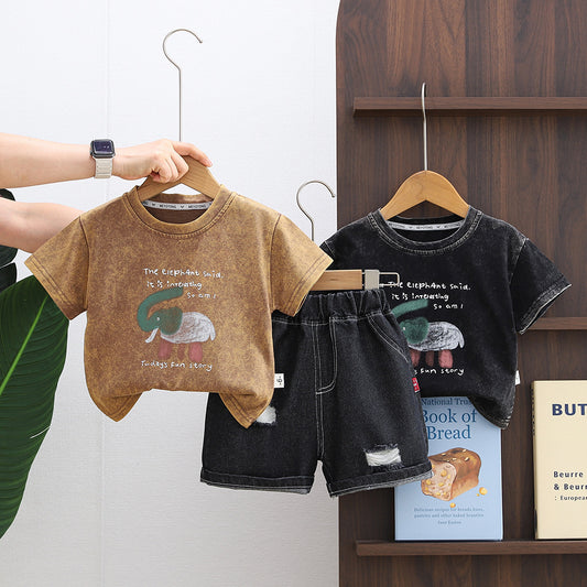 Boys' Outfit 2026 New Baby Elephant Round Neck Short Sleeve Two-Piece Set Children's Summer Clothes Trendy Kids' Clothing