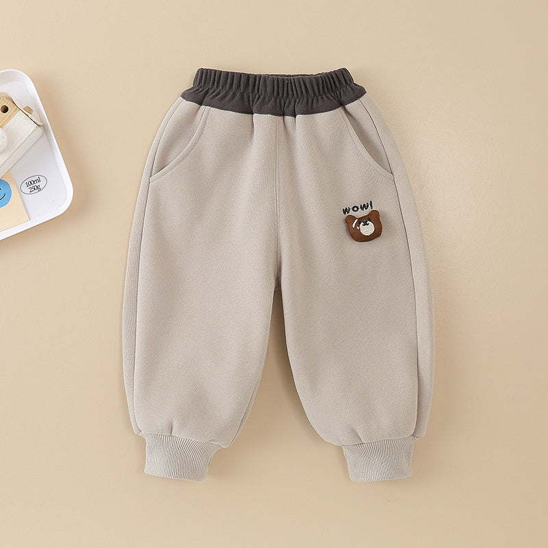 Baby Fleece-Lined Big Mouth Bear Autumn Winter Style Outerwear Boys Toddler Sweatpants Children's Sports Infant Long Pants