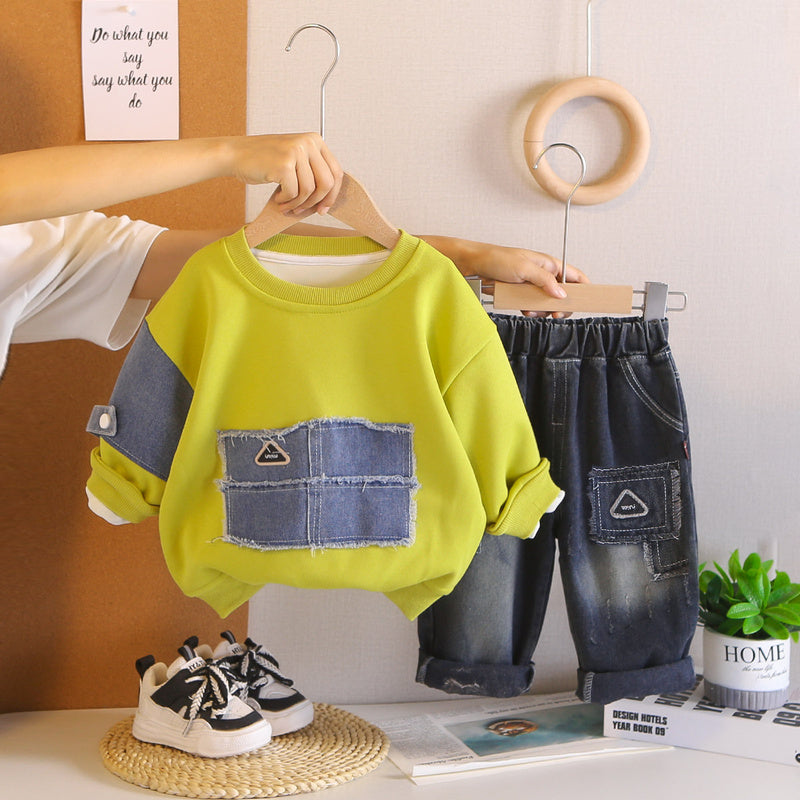 2026 Spring and Autumn New Style Boys' Korean Version Patchwork Denim Loose Sweatshirt with Spliced Sleeves, Two-Piece Set for Young Children