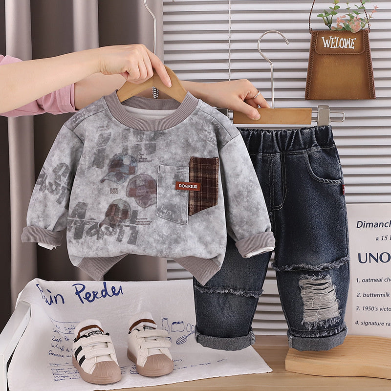Boys' Spring Autumn Outfit 2026 New Fashionable Children's Hat and Sweatshirt Korean Style Casual Jeans Two-Piece Set Trendy