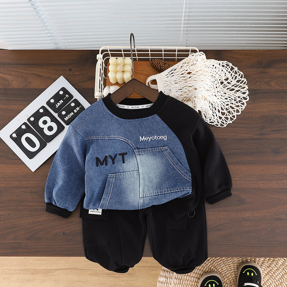 Children's Autumn Clothing for Boys 1-3 Years Old, Cute Outfit, Two-Piece Set with Denim Sleeves, Trendy Baby Clothes 2