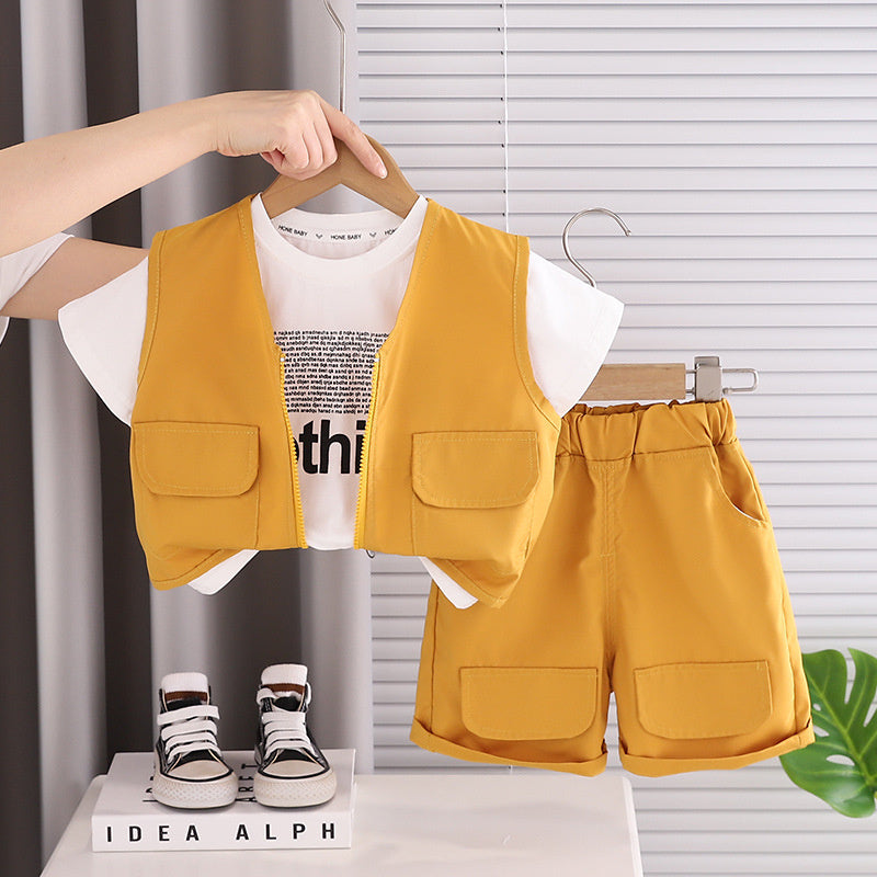Boys' Summer Outfit 2026 New Fashionable and Stylish One-Year-Old Solid Color Vest Short Sleeve Three-Piece Set for Toddlers