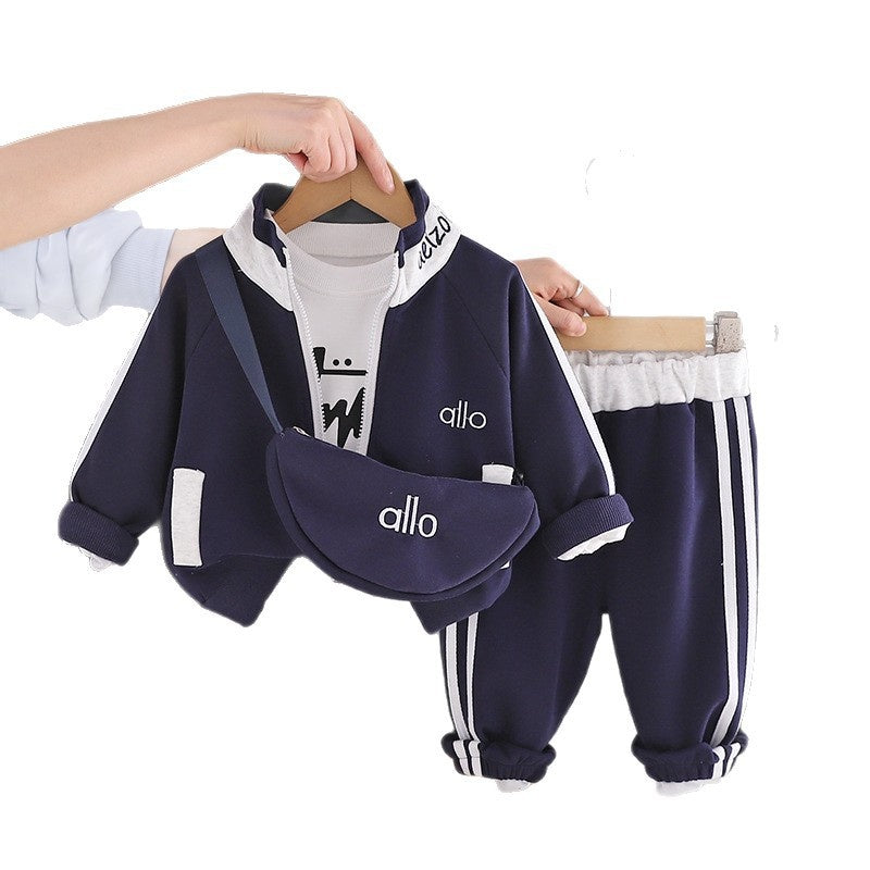 Boys' Spring Outfit 2026 New Fashionable Three-Piece Set with Letter Print on Collar Crossbody Bag, Stylish for Toddlers and Infants