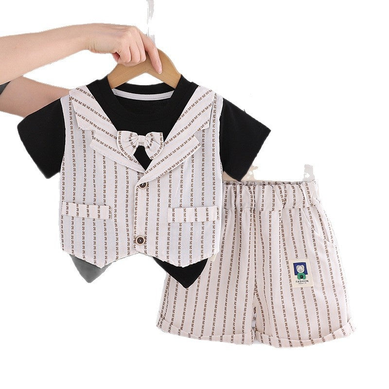 Boys' Summer Stylish Vertical Stripe Fake Three-Piece Short Sleeve Set 2026 New Trendy Thin Baby Clothes for Children