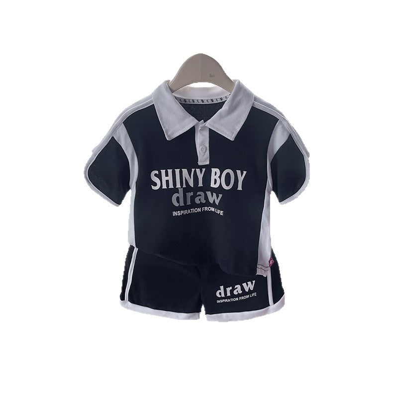 Baby 2026 Black and White Color Block Short Sleeve Korean Style Shorts Infant Boy Summer Clothes Two-Piece Set
