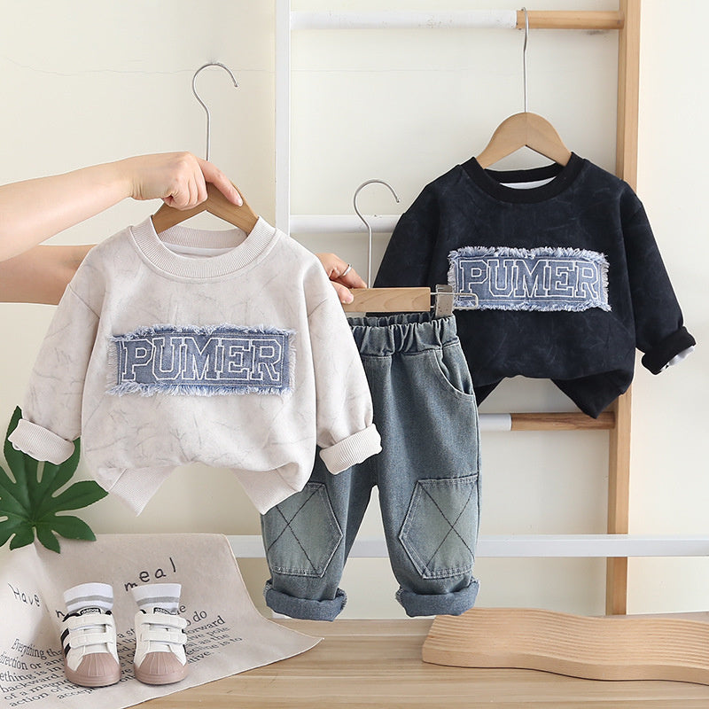Boys' Spring and Sweatshirt 2025 New Stylish Baby Boy Autumn Letter Patch Long Sleeve Two-Piece Set