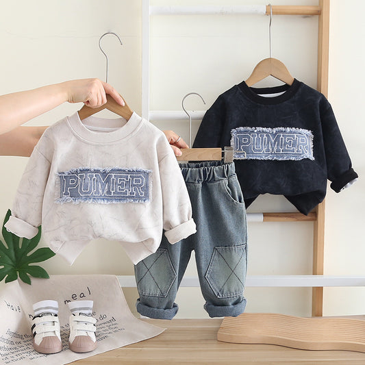 Boys' Spring and Sweatshirt 2025 New Stylish Baby Boy Autumn Letter Patch Long Sleeve Two-Piece Set