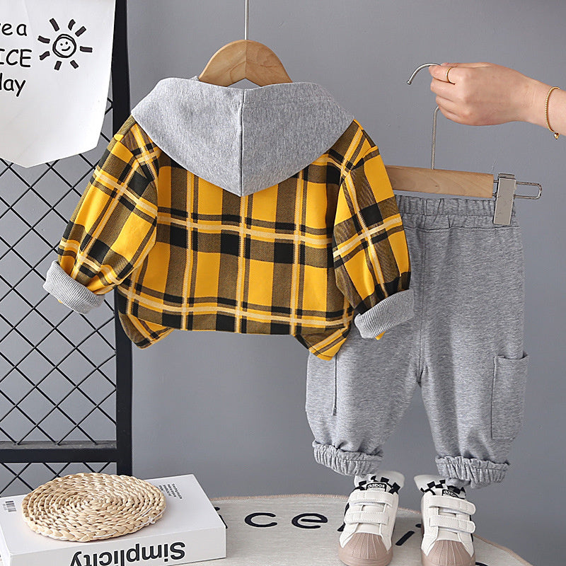 and Autumn Casual Hooded Plaid Shirt Set for Toddlers 1-3 Years Old, Baby Outerwear, Boys' Spring Outfit