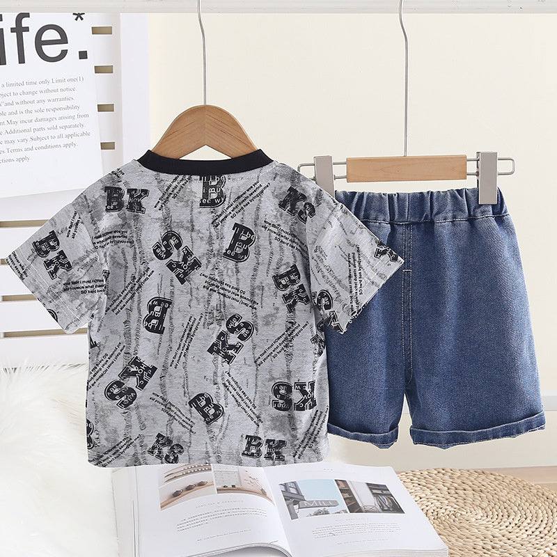 Boys' Outfit 2026 New Fashionable Two-Piece Set Baby Summer Full-Print Letter Short-Sleeve Infant Clothes Trendy