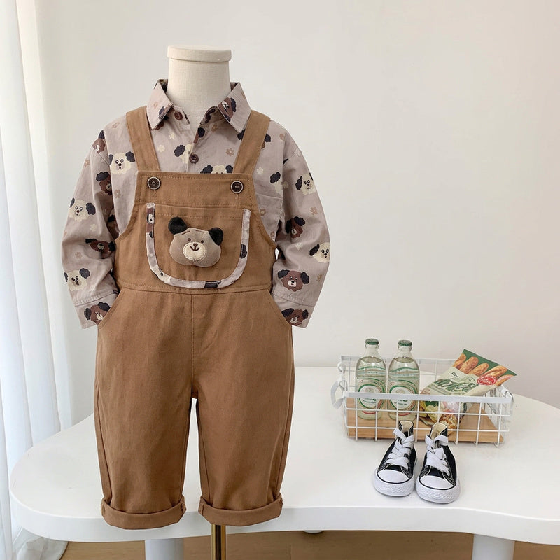 Boys' Outfit 2026 New Children's Spring Autumn Full-Print Puppy Shirt and Overalls Two-Piece Set for Trendy Babies