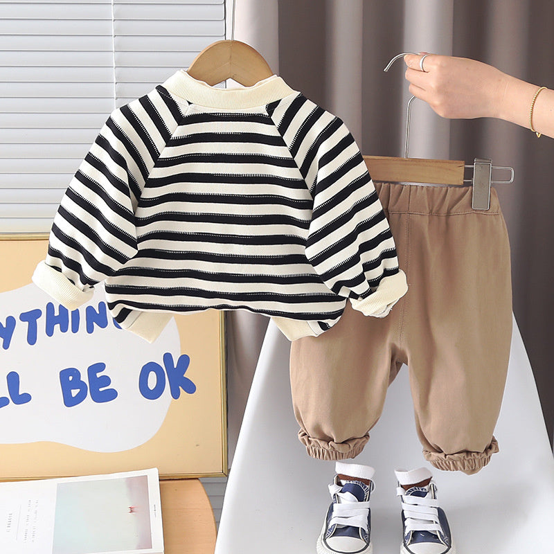 Boys' Outfit Stylish One-Year-Old Baby Spring and Autumn Striped Cardigan Three-Piece Set Infant Toddler Clothing Trendy