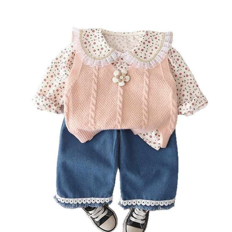 Girls' Floral Sweater Set for and Autumn 2026 New Fashionable Korean Style Baby Girl Spring Outfit