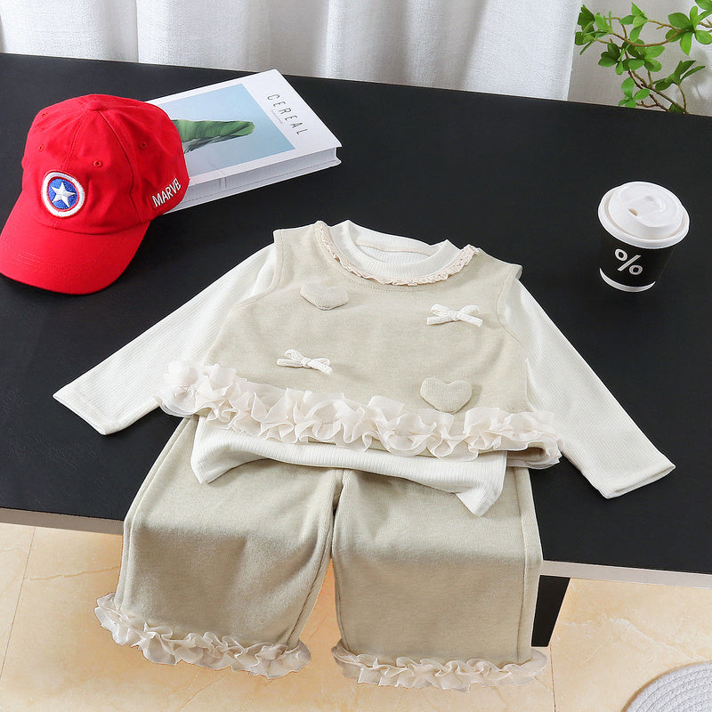 Children's clothing for girls, stylish outfit fashionable girl spring and autumn lace heart-shaped vest three-piece set, trendy baby clothes