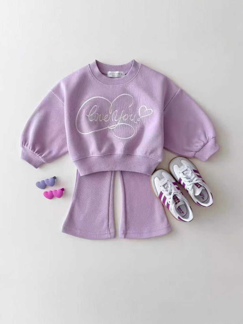 New Spring Autumn Korean Style Casual Heart Embroidery Bow Colorful Girls' Sweatshirt and Sweatpants Solid Color Two-Piece Set