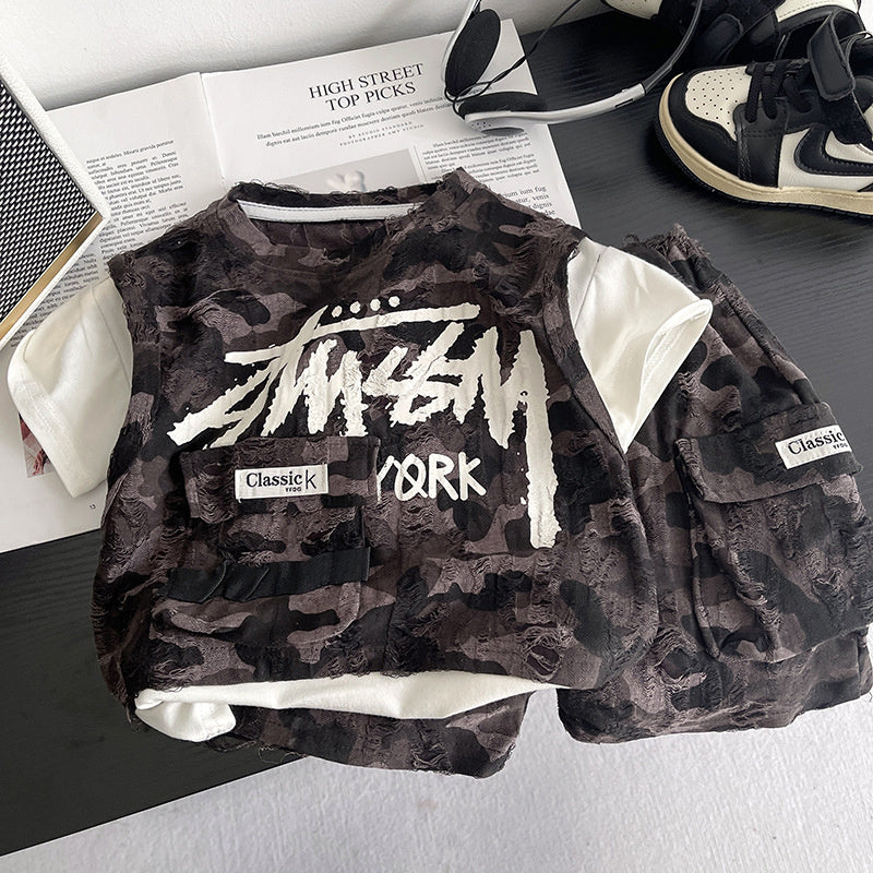 Boys' Outfit 2026 New Fashionable Short-Sleeve for Children, Stylish Baby Summer Letter Print Fake Three-Piece Set