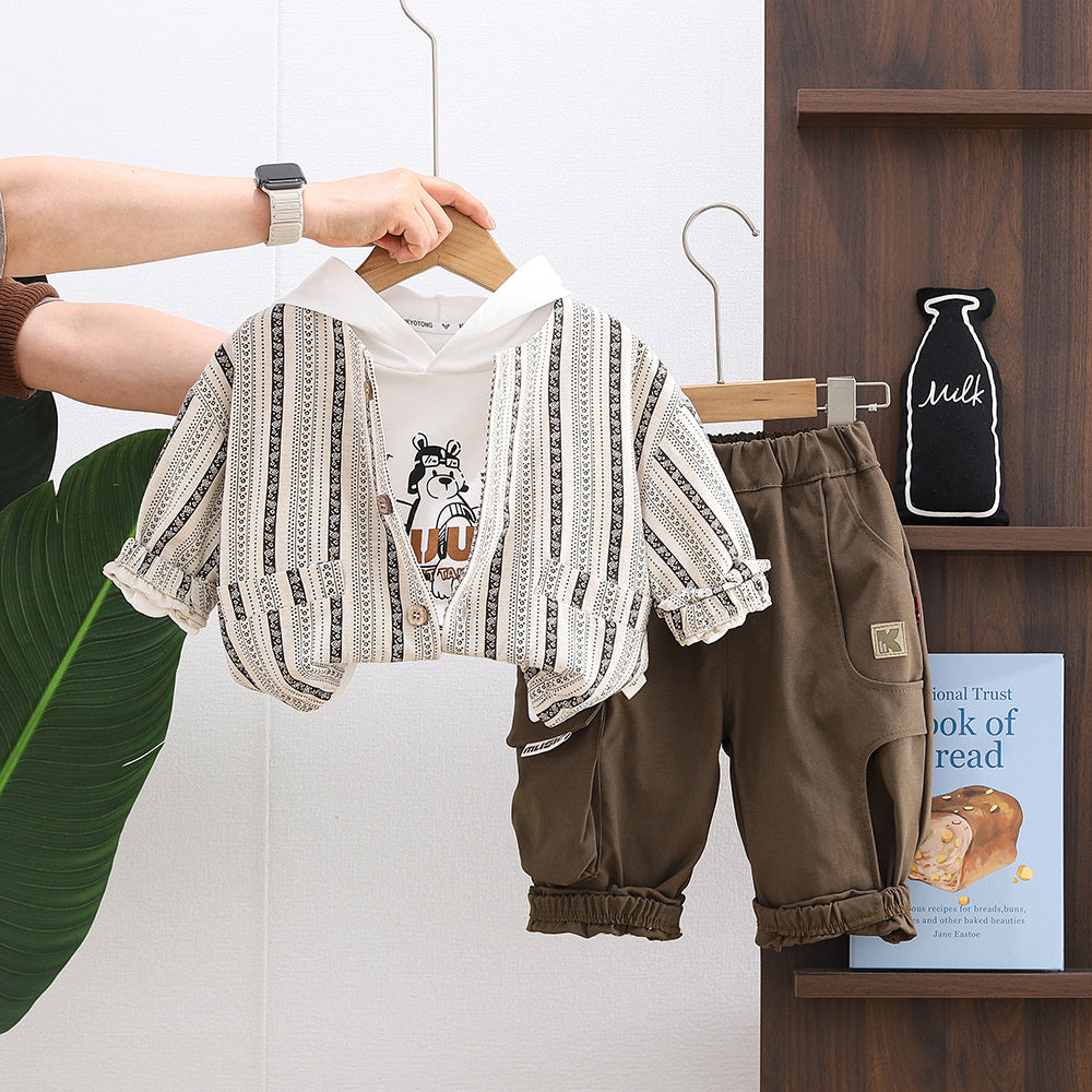 Boys' Outfit 2026 New Style Baby Boy Infant Children's Spring and Autumn Stylish Vertical Stripe Hooded Bear Cardigan Three-Piece Set