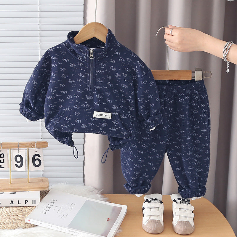 Boys Girls Spring and Autumn Outfit 2026 New Fashionable Children's Floral Casual Half-Zip Sports Sweatpants Set