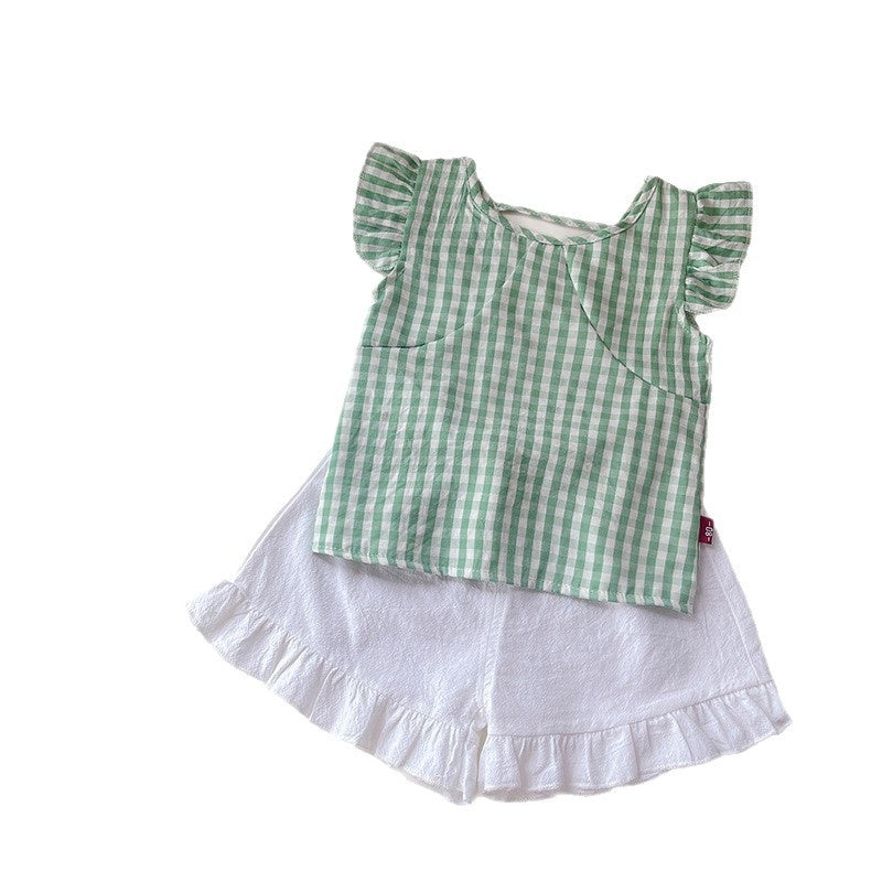 Girls' 2026 New Fashionable Children's Clothing, Flutter Plaid Short Sleeve Shorts, Baby Girl Summer Outfit