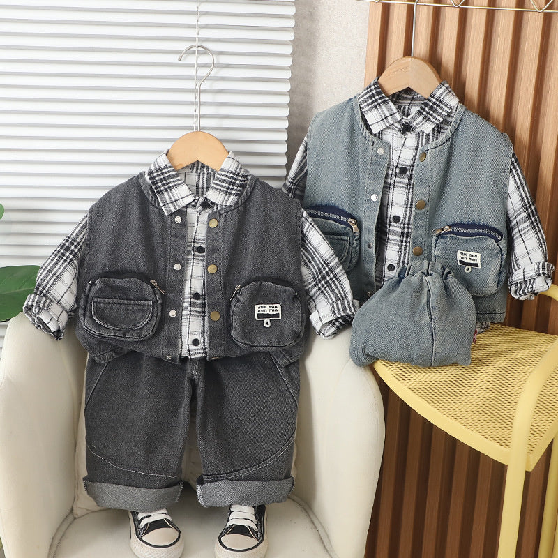 Boys' Outfit 2026 New Style Set: Stylish Plaid Double-Pocket Vest Three-Piece Set Spring and Autumn, Trendy for 1-Year-Olds